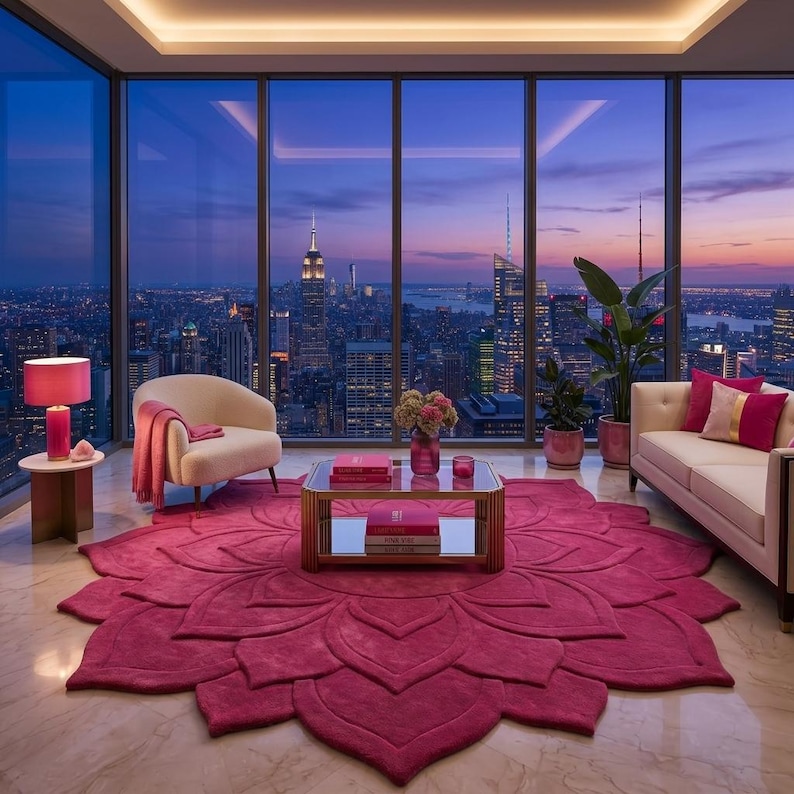 Pink Lotus Flower Shaped Rug, Hand Tufted Floral Round Rug, Wool Area Rug, Living Room Bedroom Decor 10x10 Ft image 8