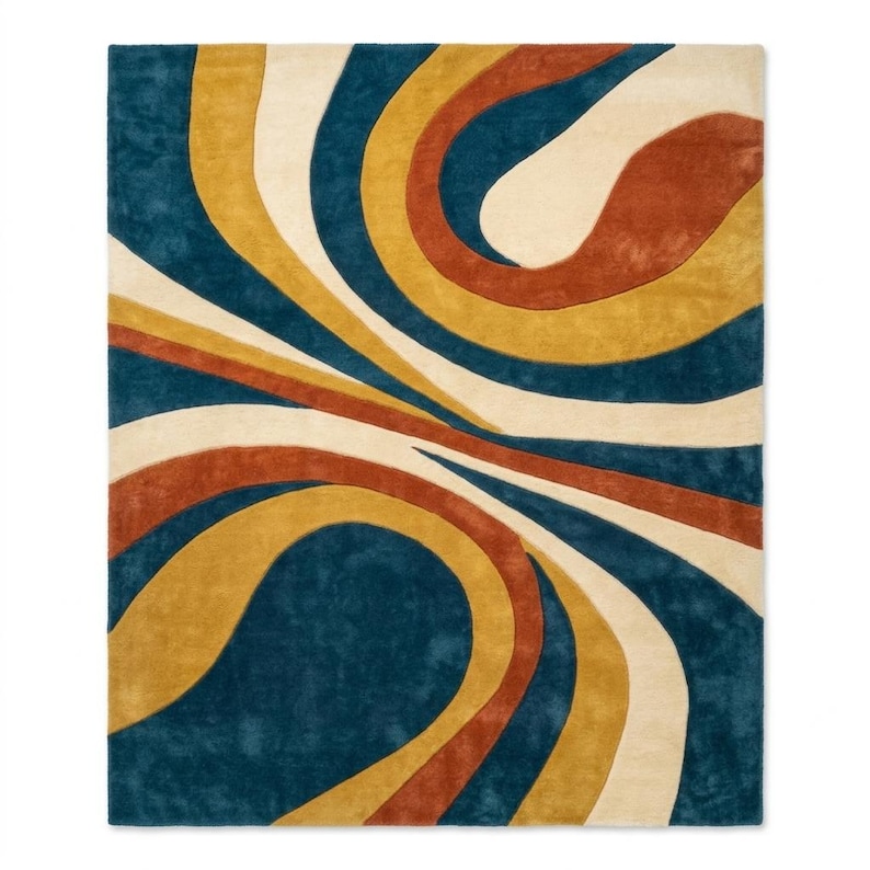 May include: A rectangular area rug with a retro design. The rug features a teal blue background with swirling patterns in cream, mustard yellow, and rust orange. The design is reminiscent of the 1970s.