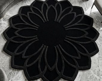 Black Lotus Flower Rug, Hand Tufted Wool Area Carpet, Modern Home Decor