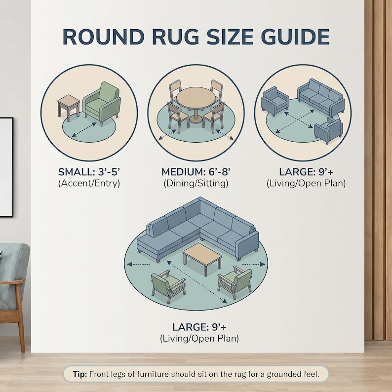 May include: A round rug size guide infographic featuring four illustrations of furniture arrangements. Text includes ROUND RUG SIZE GUIDE, SMALL: 3'-5', MEDIUM: 6'-8', LARGE: 9'+, and a tip stating front legs of furniture should sit on the rug.