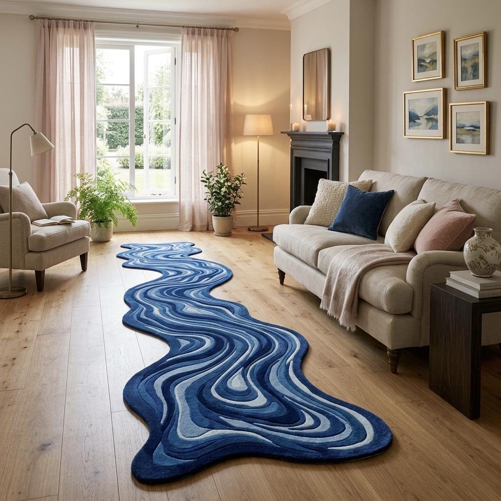 Unique Shape Runner Rug Blue Abstract Wave Rug Irregular Shape Runner Modern Hallway Carpet ...