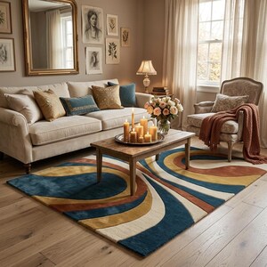 May include: A living room scene featuring a cream-colored sofa with decorative pillows, a wooden coffee table with candles, and a colorful rug. The rug has a retro design with blue, yellow, and orange curved stripes. A mirror and artwork adorn the wall.