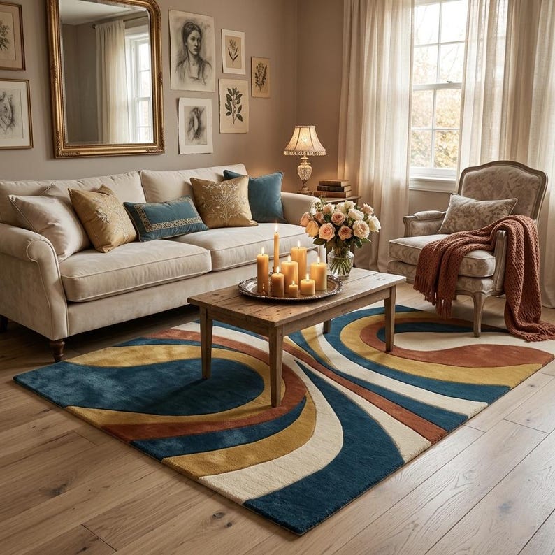 May include: A living room scene featuring a cream-colored sofa with decorative pillows, a wooden coffee table with candles, and a colorful rug. The rug has a retro design with blue, yellow, and orange curved stripes. A mirror and artwork adorn the wall.