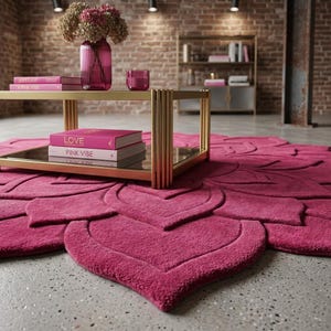 May include: A vibrant magenta area rug with a sculpted, layered petal design resembling a large flower. The rug is placed under a gold-toned metal coffee table with a glass top, which holds a pink vase, a small candle, and stacked books labeled LOVE.