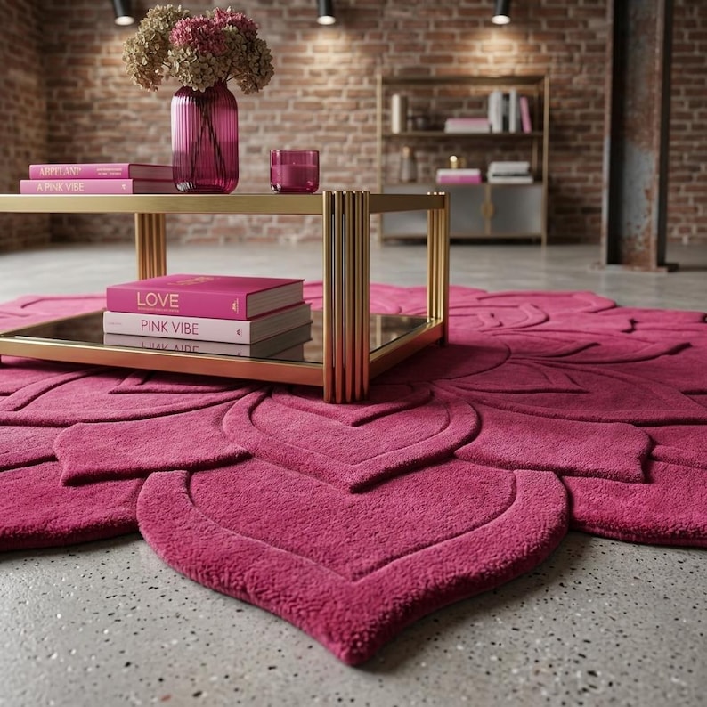 May include: A vibrant magenta area rug with a sculpted, layered petal design resembling a large flower. The rug is placed under a gold-toned metal coffee table with a glass top, which holds a pink vase, a small candle, and stacked books labeled LOVE.