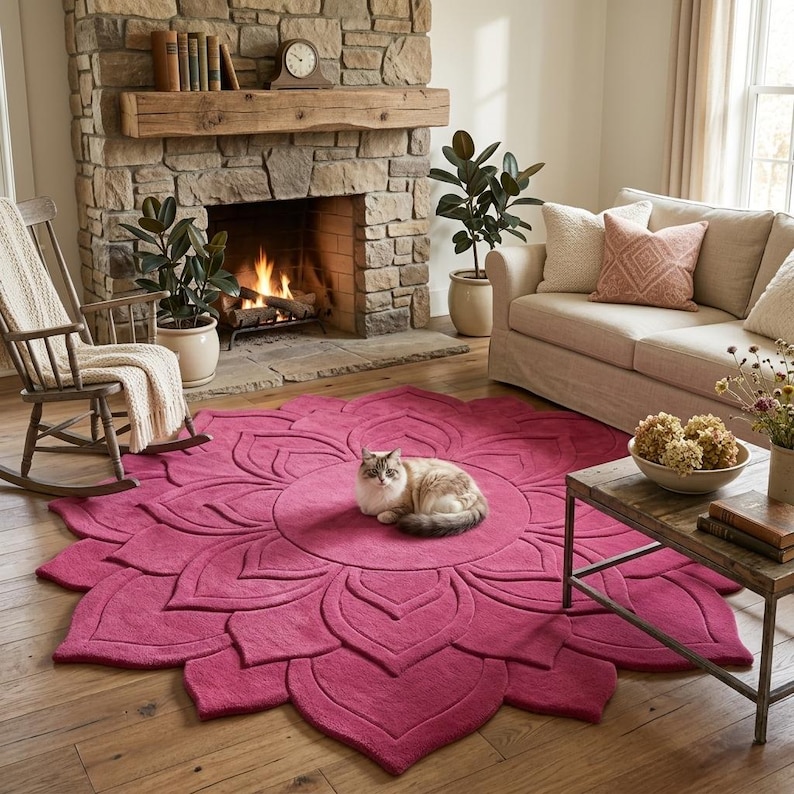 May include: A large, circular, fuchsia-colored area rug featuring a raised, carved floral petal design that radiates from the center. A fluffy, light-colored cat with brown markings is resting in the middle of the rug on the wooden floor.