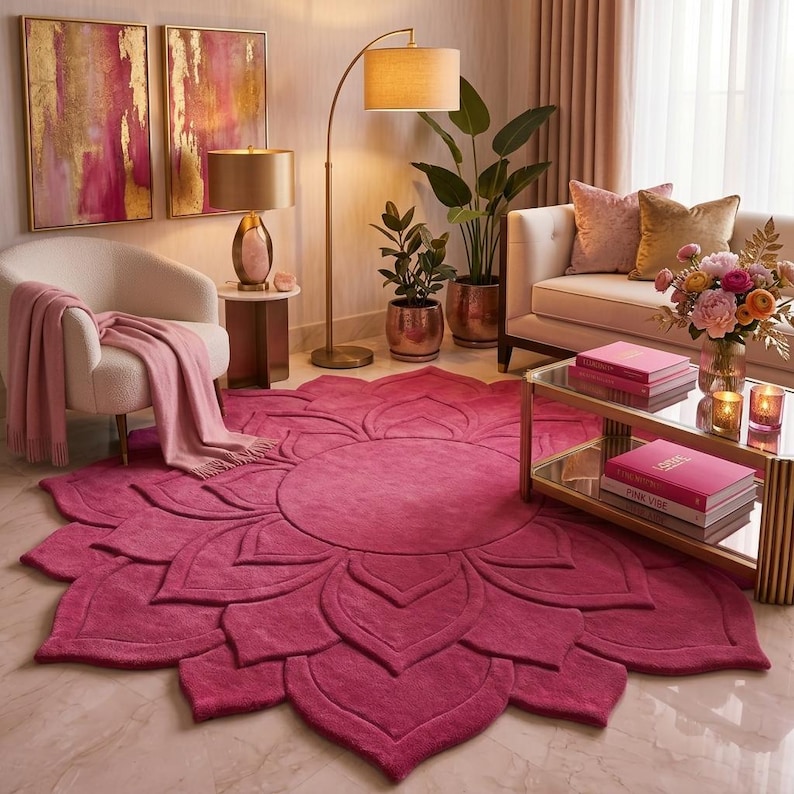 May include: A large, circular, deep pink area rug featuring a textured, layered petal design that radiates from a central circle. The rug is crafted with a plush, tufted surface and has a distinct floral shape with defined, overlapping petal edges.