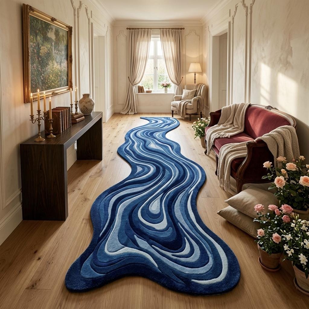 Unique Shape Runner Rug Blue Abstract Wave Rug Irregular Shape Runner Modern Hallway Carpet ...