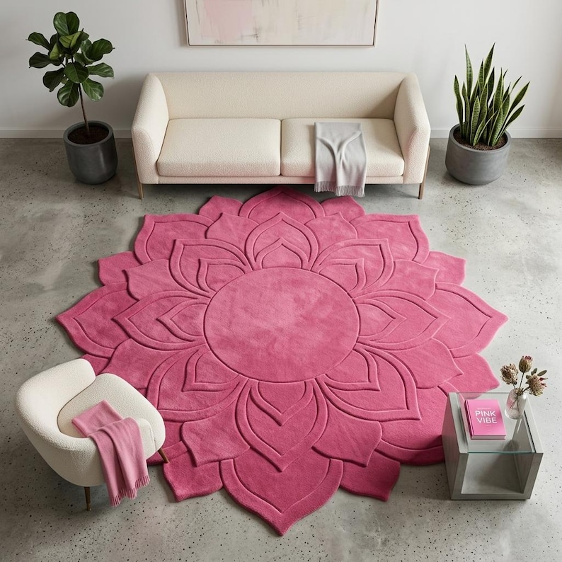 May include: A large, circular, hot pink area rug featuring a raised, carved floral petal design that radiates from a central circle. The rug has a plush, textured surface and is positioned on a gray concrete floor in a living room setting.