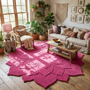 May include: A large, circular, vibrant magenta area rug featuring a raised, carved floral petal design that radiates from the center. The rug is placed on a wooden floor in a room with a sofa, a wooden coffee table, and a rattan armchair.