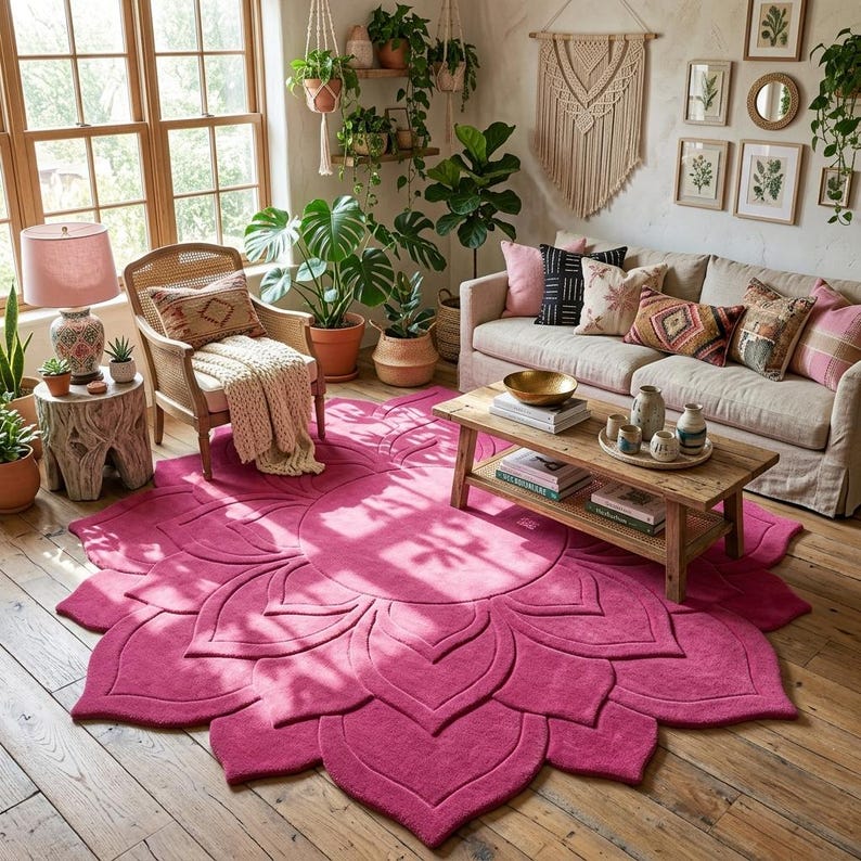 May include: A large, circular, vibrant magenta area rug featuring a raised, carved floral petal design that radiates from the center. The rug is placed on a wooden floor in a room with a sofa, a wooden coffee table, and a rattan armchair.