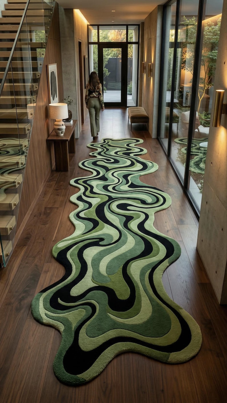 Unique Shape Runner Rug Custom Wavy Runner Rug Green Black Abstract Swirl Irregular Shape Long ...