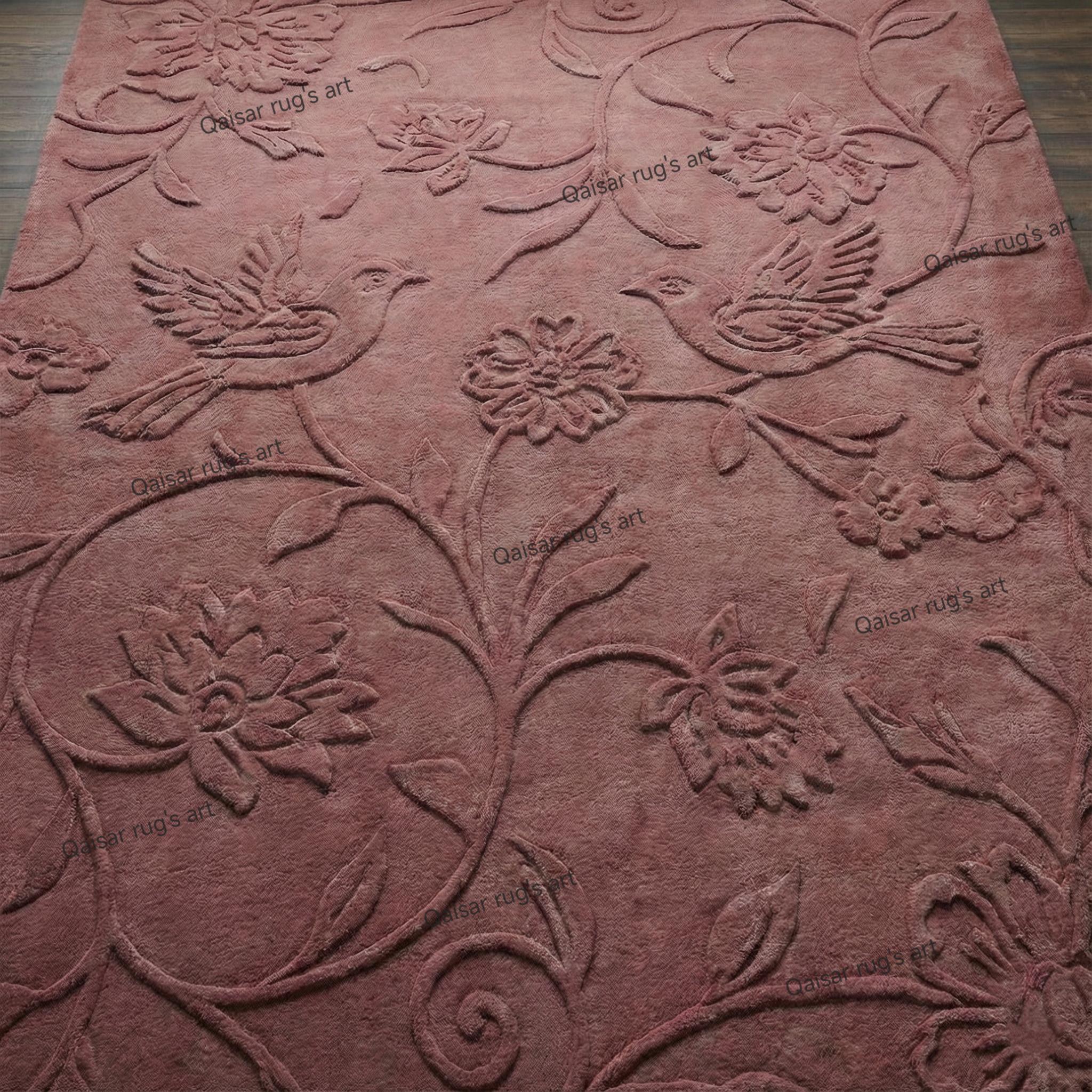 Hand Tufted Floral Bird Wool Area Rug Pink Botanical Living Room ...