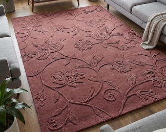 Alfombra de lana con diseño floral y pájaros, hecha a mano, color rosa, botánica, para sala de estar y dormitorio, moderna