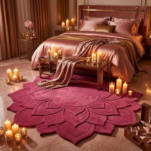 May include: A large, circular, deep magenta rug shaped like a blooming lotus flower with layered, sculpted petals. The rug features a soft, textured surface and is positioned on a light-colored floor in a room filled with numerous lit pillar candles.
