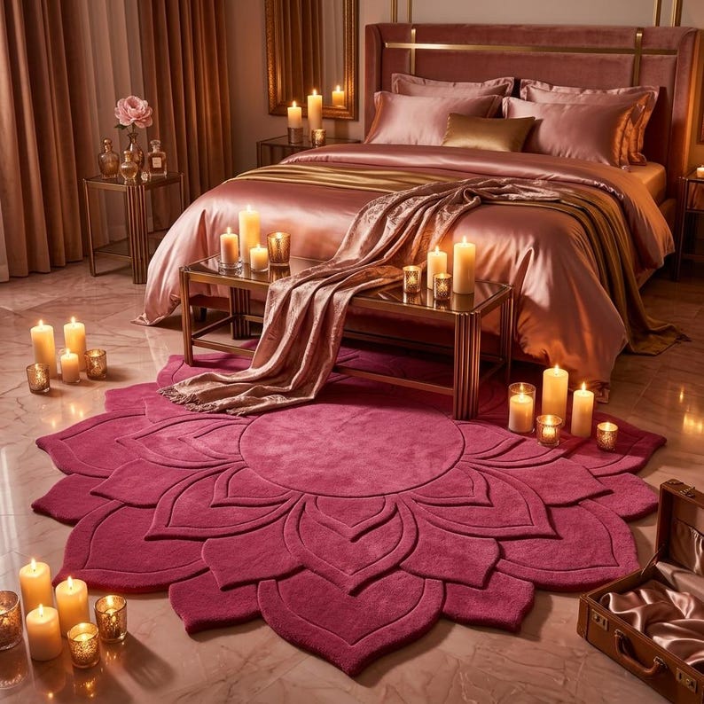 May include: A large, circular, deep magenta rug shaped like a blooming lotus flower with layered, sculpted petals. The rug features a soft, textured surface and is positioned on a light-colored floor in a room filled with numerous lit pillar candles.