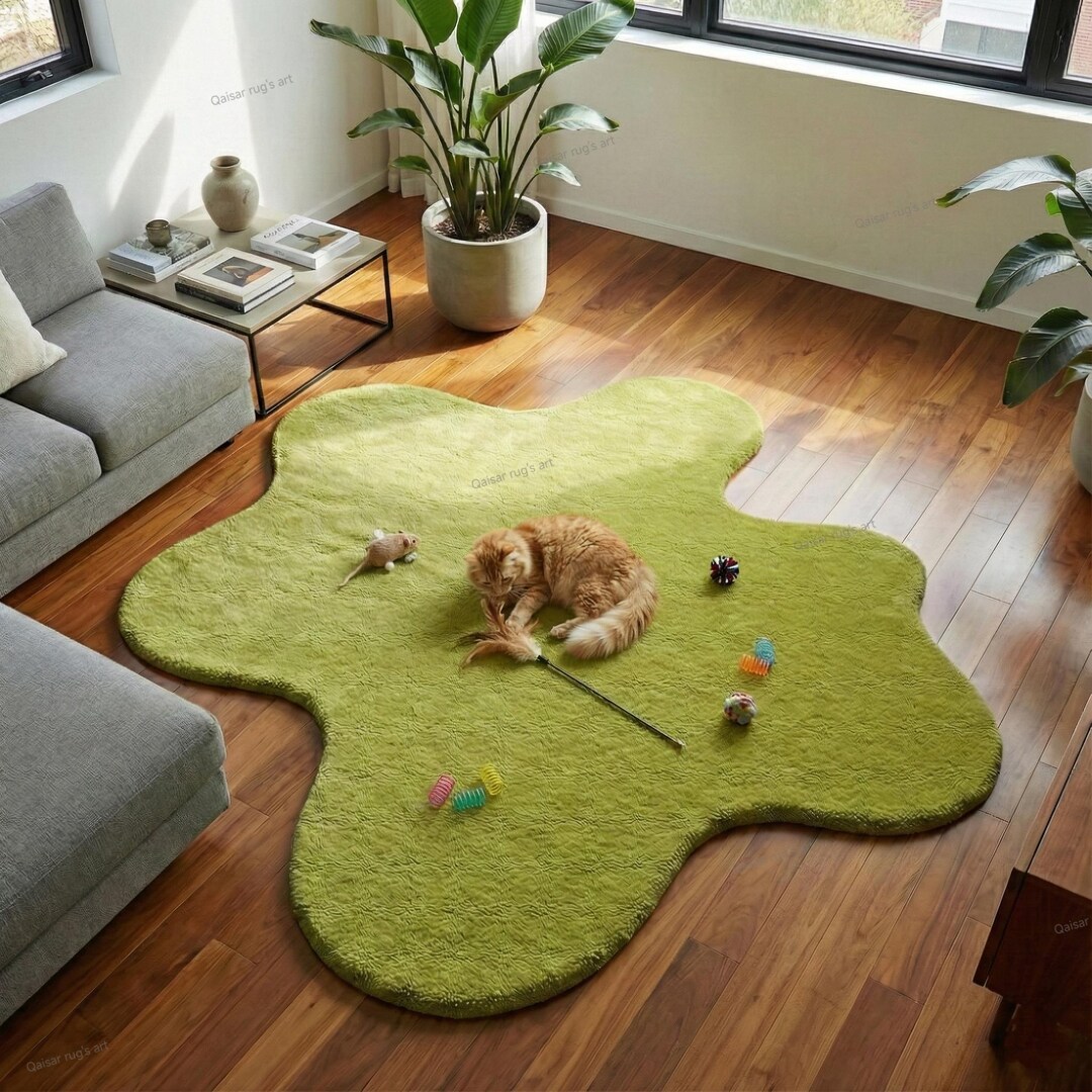 Solid Green Rug Green Solid Area Rug 4x4ft,5x5ft,6x6ft Modern Irregular Shaped Hand ...