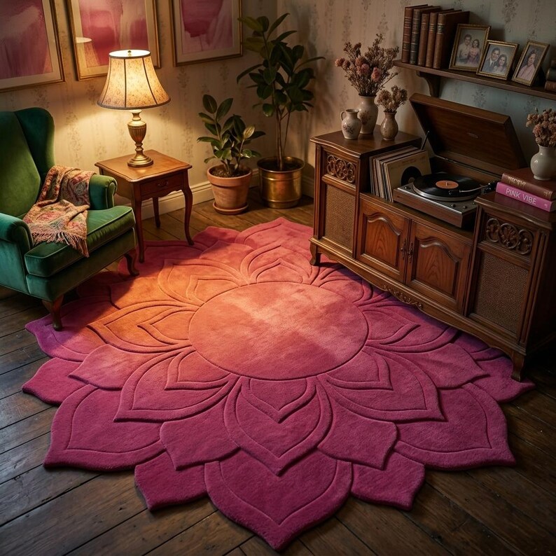 May include: A large, circular, deep magenta area rug featuring a three-dimensional, carved floral petal design that radiates from a central circular core. The rug is crafted with a plush, textured pile that creates depth and shadow across the floor.