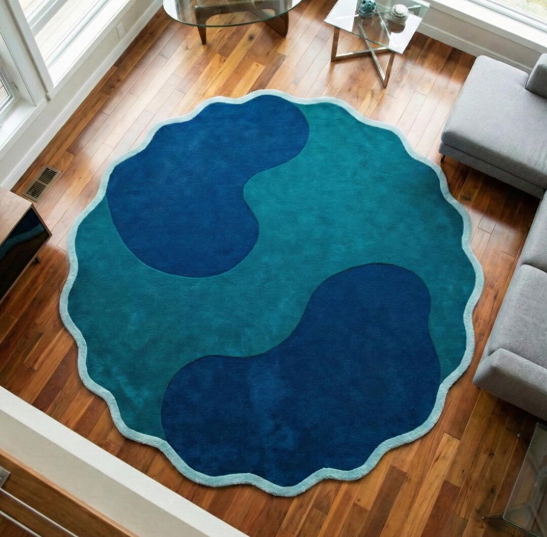 Abstract Organic Shape Rug, Modern Blue Teal Area Rug, Hand Tufted ...