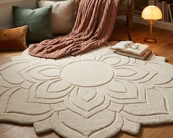 Cream Lotus Flower Shaped Rug, Floral Carved Area Rug, Ivory Boho Round Rug Living Room Bedroom Decor, Petal Shape Tufted Rug All Sizes
