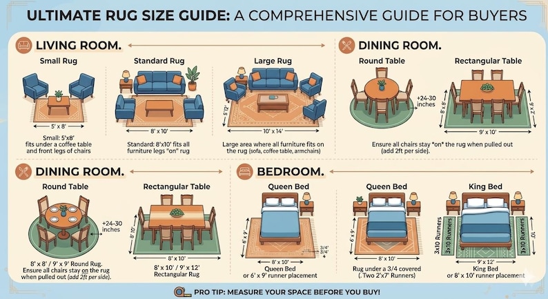 May include: Infographic titled "Ultimate Rug Size Guide" with diagrams for living room, dining room, and bedroom rug sizes. Includes measurements in feet and inches for small, standard, and large rugs, and for round and rectangular tables, and queen and king beds.