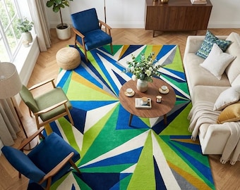 Geometric Abstract Rug Blue Green Hand Tufted Wool Area Rug Modern Triangle Pattern Living Room Round Runner Rectangle All Sizes Decor