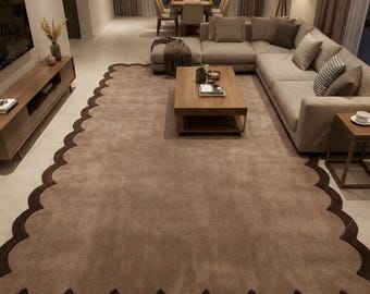 Hand Tufted Scalloped Rug Neutral Beige Brown Modern Living Room Carpet 8x10,9x12,10x14,3x5, 4x6