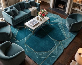 Teal Abstract Geometric Rug, Turquoise Gold Line Art Deco Carpet, Irregular Shape Modern Area Rug for Living Room Bedroom Dining Decor