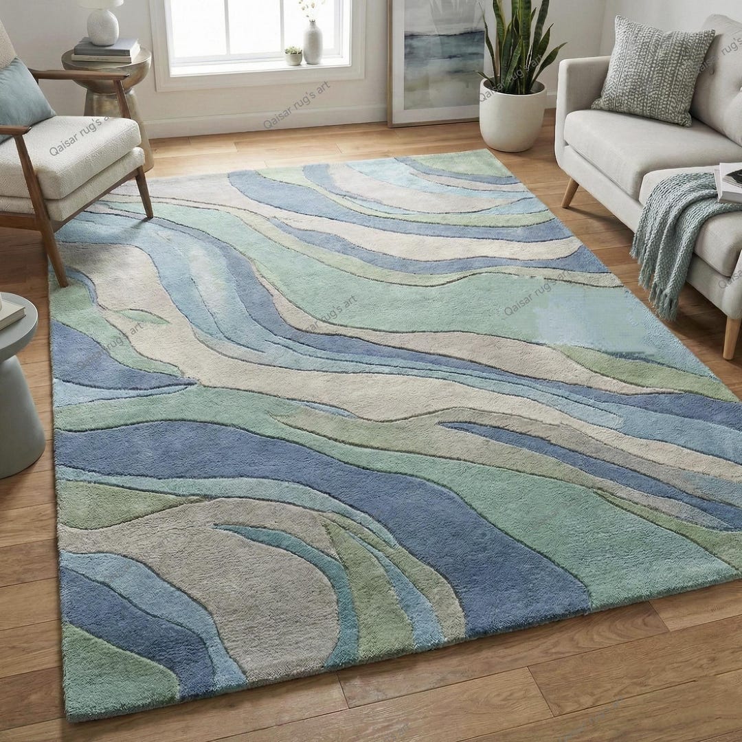 Mordan Abstract Blue Green Wool Area Rug Plush Handmade Living Room ...