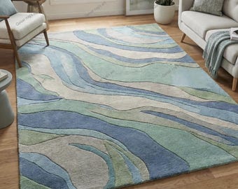 Mordan Abstract Blue Green Wool Area Rug Plush Handmade Living Room Carpet Decoration Home