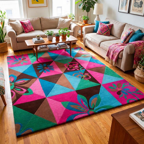 Alfombra de lana con mechones geométricos y florales coloridos, hecha a mano, moderna y artística, para sala de estar.