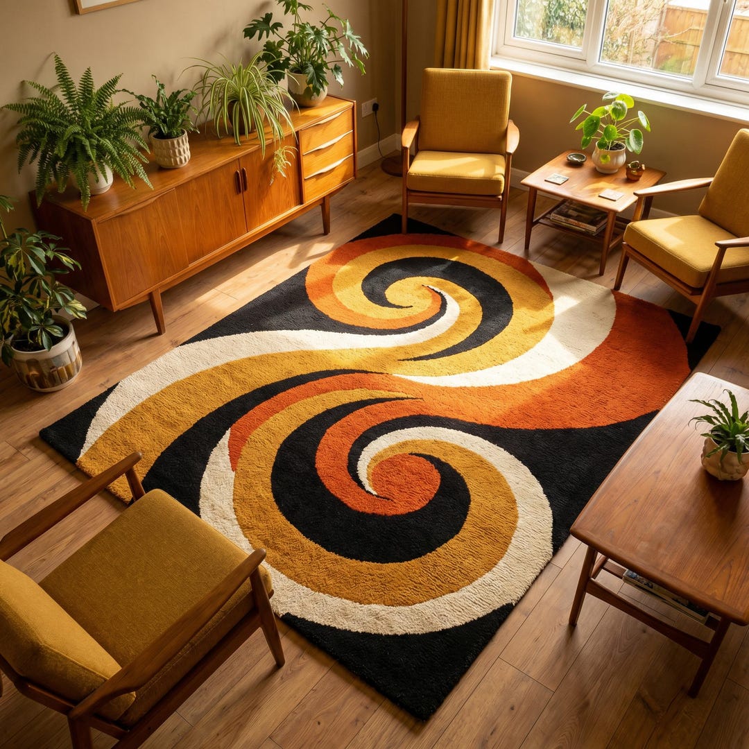 Retro Swirl Area Rug Mid Century Modern Black Orange Mustard Abstract ...