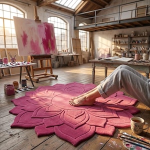 May include: A circular, deep pink rug featuring a raised, carved lotus flower petal design. The rug is placed on a wooden floor in an art studio setting, with a canvas on an easel, paint tubes, brushes, and a mug visible in the surrounding area.