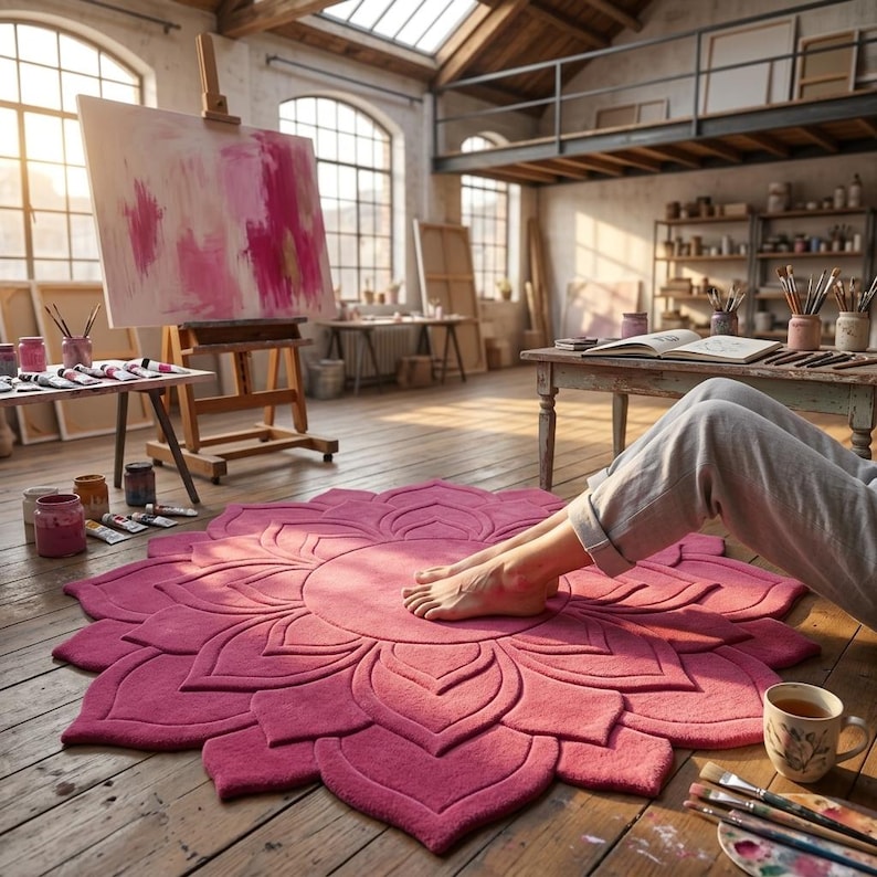 May include: A circular, deep pink rug featuring a raised, carved lotus flower petal design. The rug is placed on a wooden floor in an art studio setting, with a canvas on an easel, paint tubes, brushes, and a mug visible in the surrounding area.