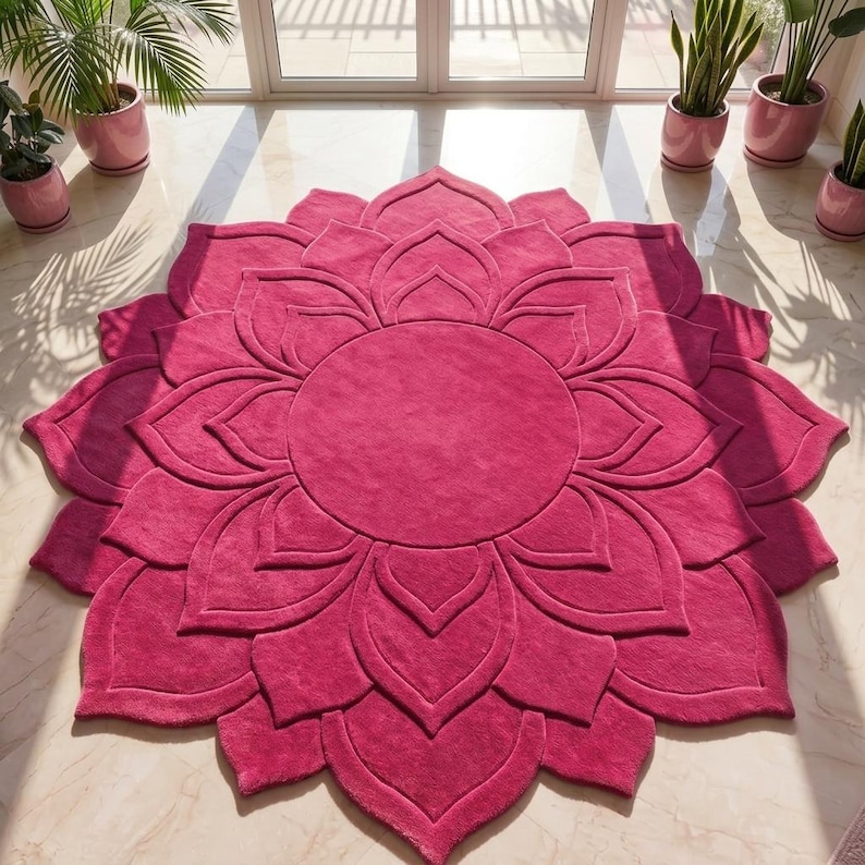Living_room_with_pink_lotus → "Pink lotus flower shaped rug in modern living room with gold accents"