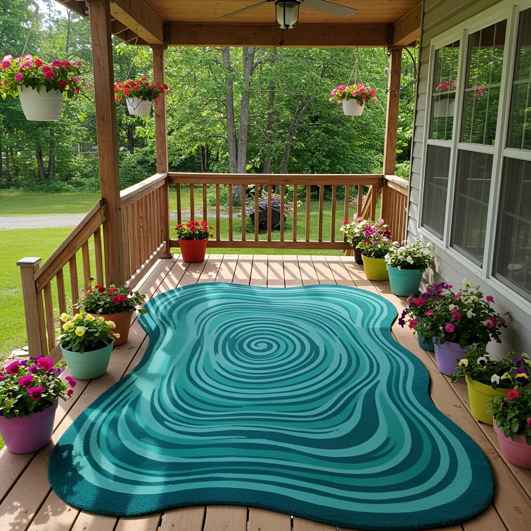 Modern Abstract Wave Outdoor Rug Teal Blue Artistic Patio Deck Garden ...