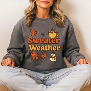 May include: A gray sweatshirt with the words "Sweater Weather" in orange and yellow, along with fall-themed graphics. The graphics include a leaf, snowflake, mug of hot cocoa, scarf, leaf, and a snowman.
