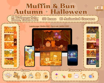 Cozy Autumn Halloween Wallpaper Bundle: Muffin & Bun Icons, Cursors (Digital Download)