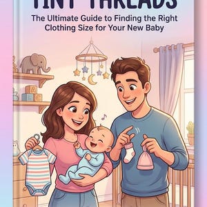 Könnte beinhalten: Buchcover von "TINY THREADS", einem Ratgeber zur richtigen Kleidergröße für Babys. Die Illustration zeigt ein lächelndes Paar mit Baby, Babykleidung und Zubehör. Der Titel und Untertitel sind deutlich sichtbar.