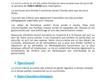 May include: A document with French text detailing the hours, services, and policies of a childcare center. The text includes information on opening hours, closures, types of care, and provided supplies. The document is in French.