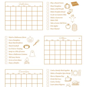 Puede incluir: Una lista de actividades de otoño para imprimir con actividades para septiembre, octubre y noviembre. La lista incluye actividades como jugar juegos de mesa, plantar calabazas, hacer una corona de otoño, tallar calabazas, ver fútbol, ir de casa en casa pidiendo dulces, y más.