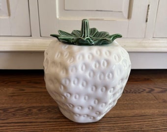 Vintage McCoy Pottery Figural White Strawberry Cookie Jar with Green Lid