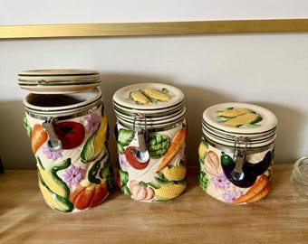 Vintage Gourmet~ Home Accents ~Canister Set of 3, Embossed Fruits & Vegetables