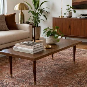 Pode incluir: Uma mesa de centro retangular de madeira com quatro pernas afuniladas e pés em tom de latão. A superfície da mesa contém uma pilha de três livros intitulados California Romantica, Still e Abode, ao lado de um pequeno prato circular de metal dourado.