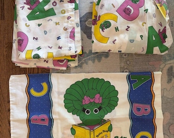 Vintage Barney Bj Dinosaur Bed Sheets Twin Set Flat Fitted Pillow Case 1992