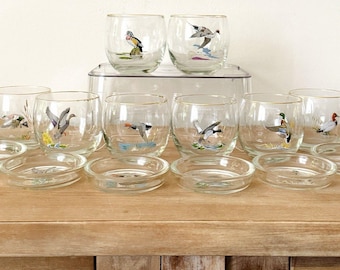 Set Of 8 Ned Smith Roly Poly Lowball Tumbler Glasses Duck Waterfowl 6 Coasters