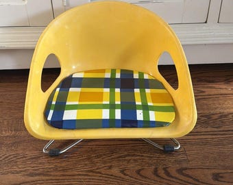 Vintage MCM Cosco Child Booster Seat Yellow Blue Plaid  Adjustable Chrome Legs