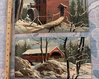 Lot of 2 Vintage Paint By Number Red Covered Bridge Water Mill Winter Snow