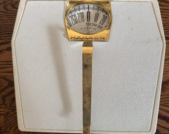 Vintage 1950's Retro MCM Hanson Working Bathroom Scale White Gold Atomic Era