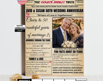 Presente para Bodas de Ouro (50º Aniversário), Modelo Canva, Imprimível em formato de Jornal, Casal Personalizado, Modelo Canva Editável